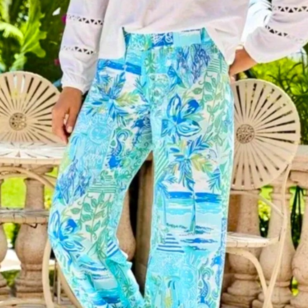 LILLY PULITZER Whisper Blue Green Bal Harbour Mid-Rise Palazzo Pants Large NWT - Picture 2 of 15